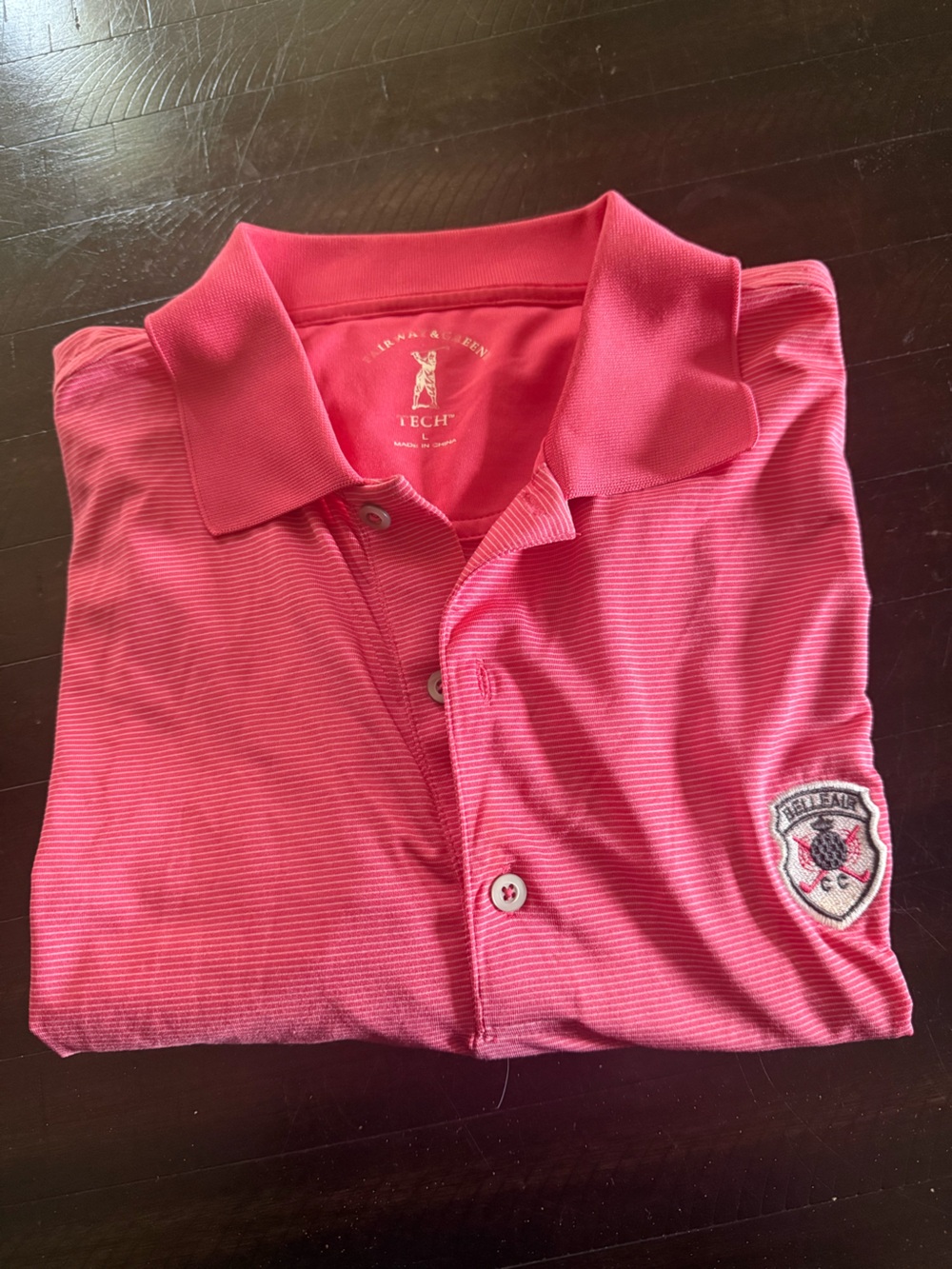 Belleair County Club Men’s Coral Pink Striped Polo Shirt size Large
